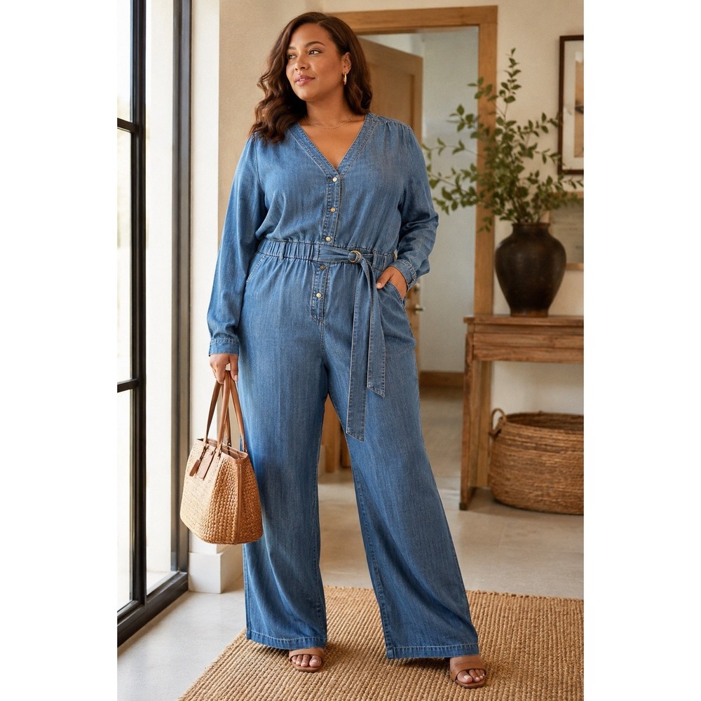 Lane Bryant Washed Blue Denim Button-Front Jumpsuit with Tie Belt